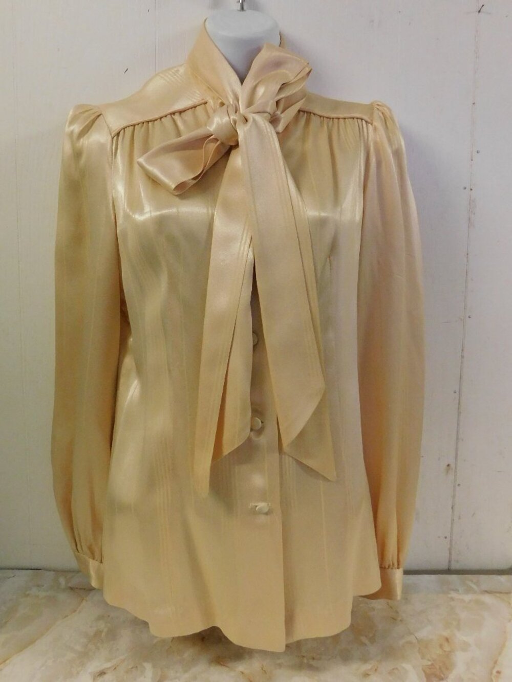 Vintage 90s Womens Tie Neck Silky Champagne Blouse Looking Good